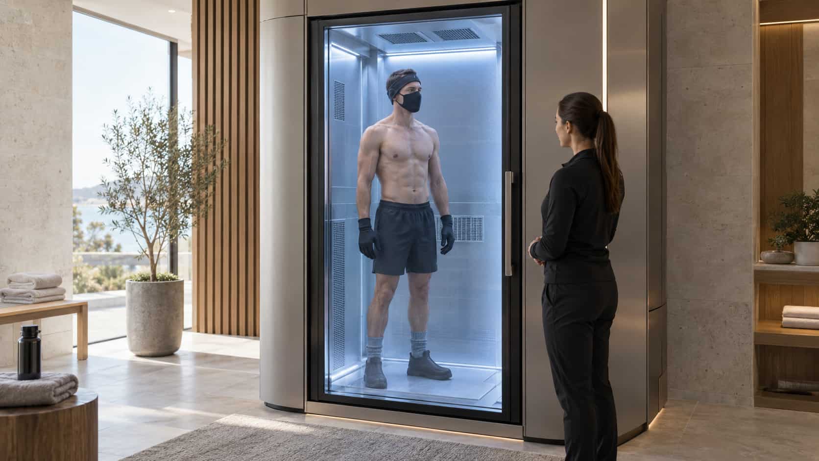 Adult inside a whole-body cryotherapy chamber during a supervised session.