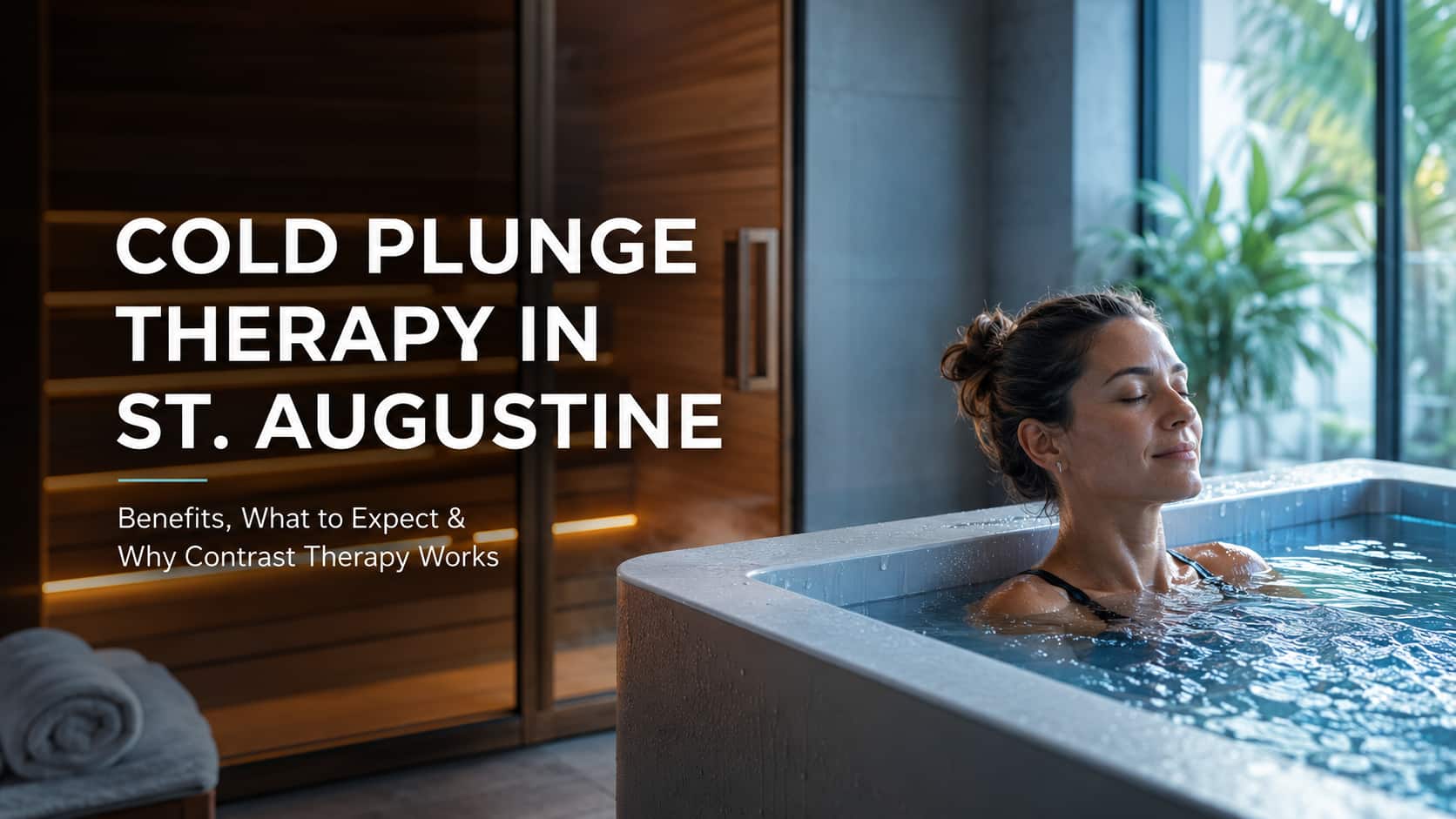 Woman experiencing cold plunge therapy beside a sauna in St. Augustine, demonstrating hot-and-cold contrast therapy for recovery and wellness.