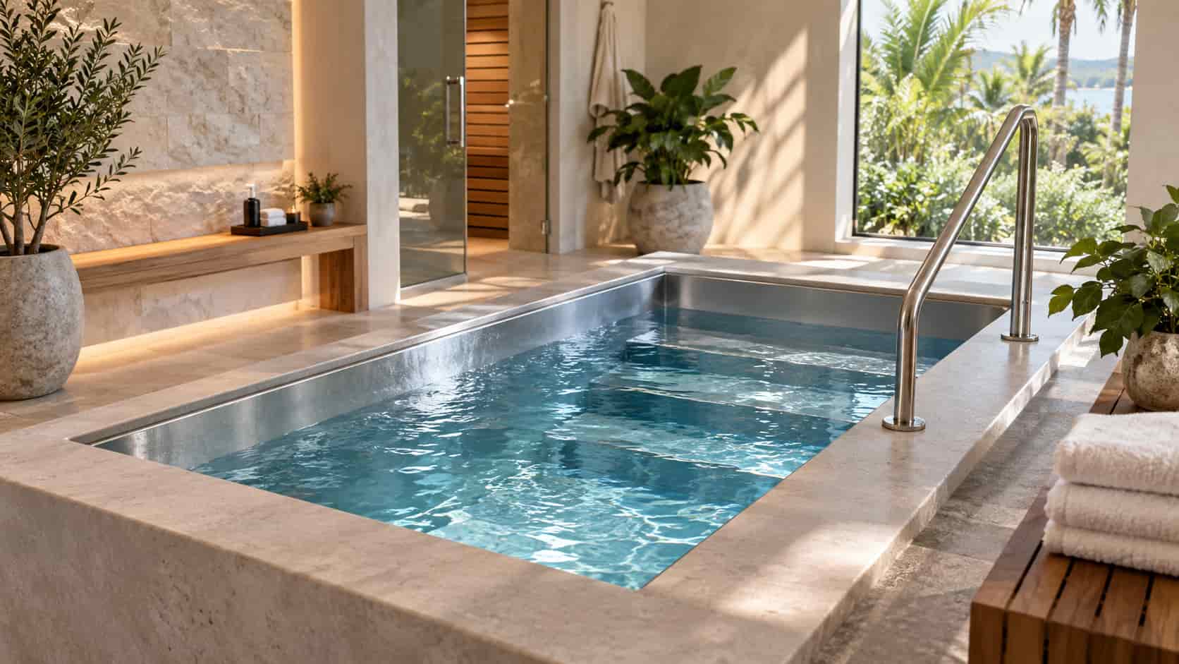 Temperature-controlled cold plunge tub with steps for entry.